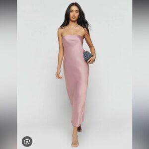 Reformation light pink Joana silk strapless dress size medium